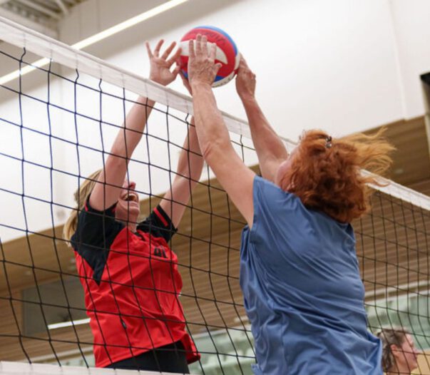 twee volleybalsters springen naar de bal met het net ertussen